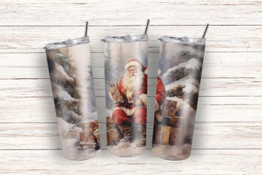Dreier-Set isolierter Becher mit detaillierten Weihnachtsillustrationen, darunter Santa Claus und Schneelandschaften, auf Holztisch präsentiert.